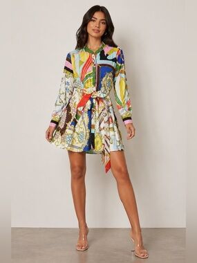 Zara Multicolor Printed Belted Shirt Dress